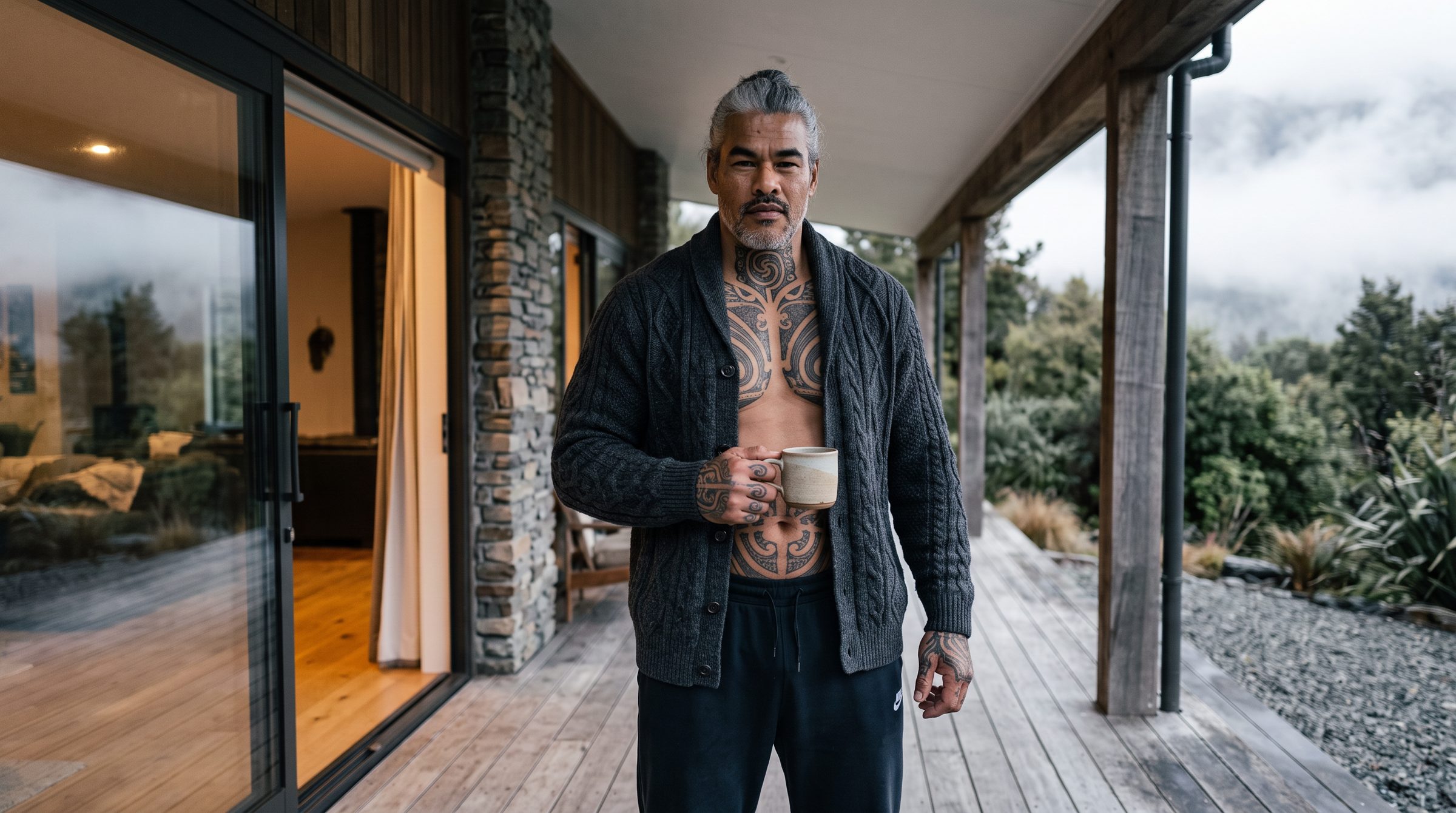 Tāne standing in the mahau, coffee in hand, bare feet on timber, mist and bush behind the open glass wall. He is looking at whoever just arrived.
